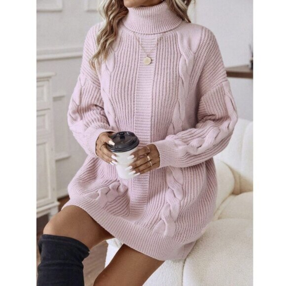 Casual Turtleneck Cable Knit Sweater Dress Baby Pink - Picture 1 of 6